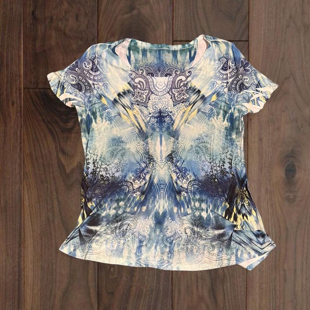 Mermaid core blue yellow tie-dye top with a boho vibe and has blue gemstones